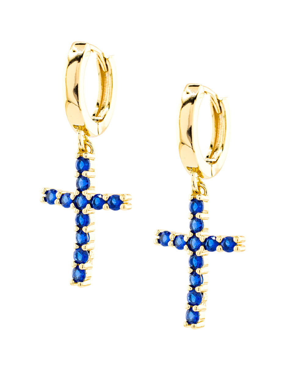 Huggie con Colgante de Cruz Zirconias Azules Baño de Oro