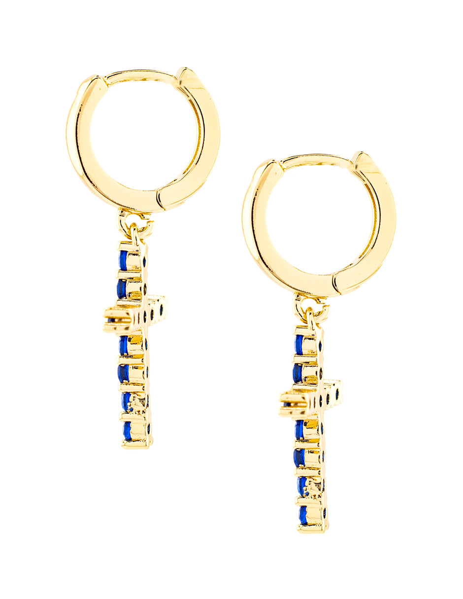 Huggie con Colgante de Cruz Zirconias Azules Baño de Oro