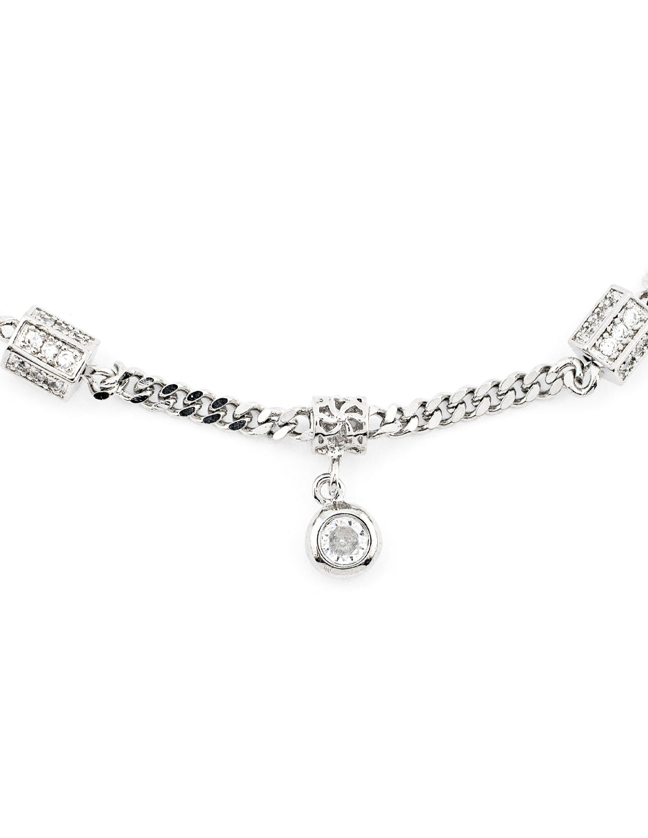 Pulsera Ajustable con Eslabones y Dije de Zirconia Baño de Rodio