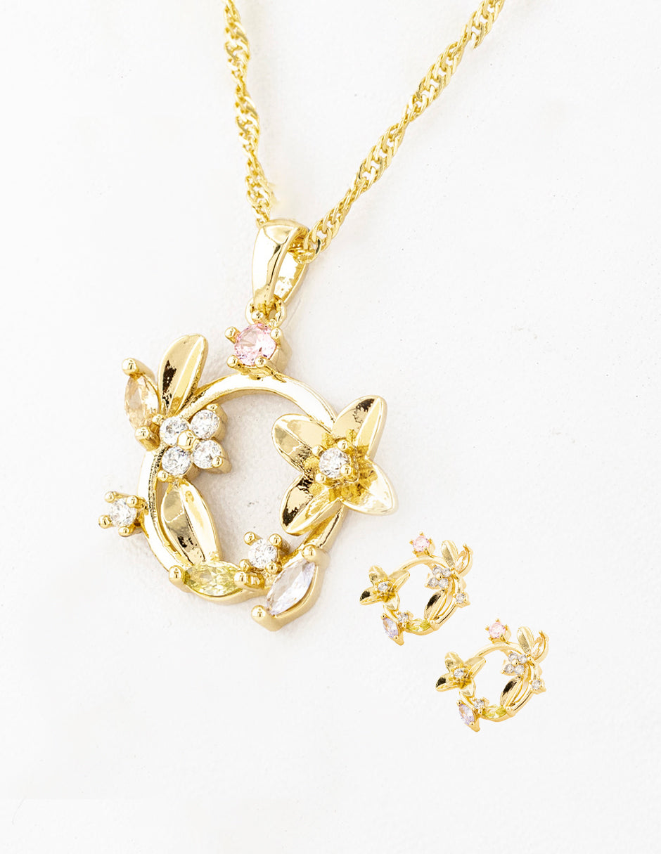 Set Corona de Flores Zirconia en Baño de Oro