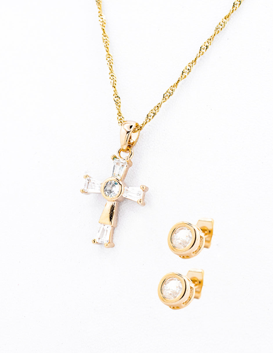 Set Cruz con Zirconia en Baño de Oro