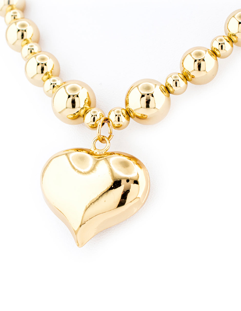Collar Esférico Dije con Corazón en Baño de Oro