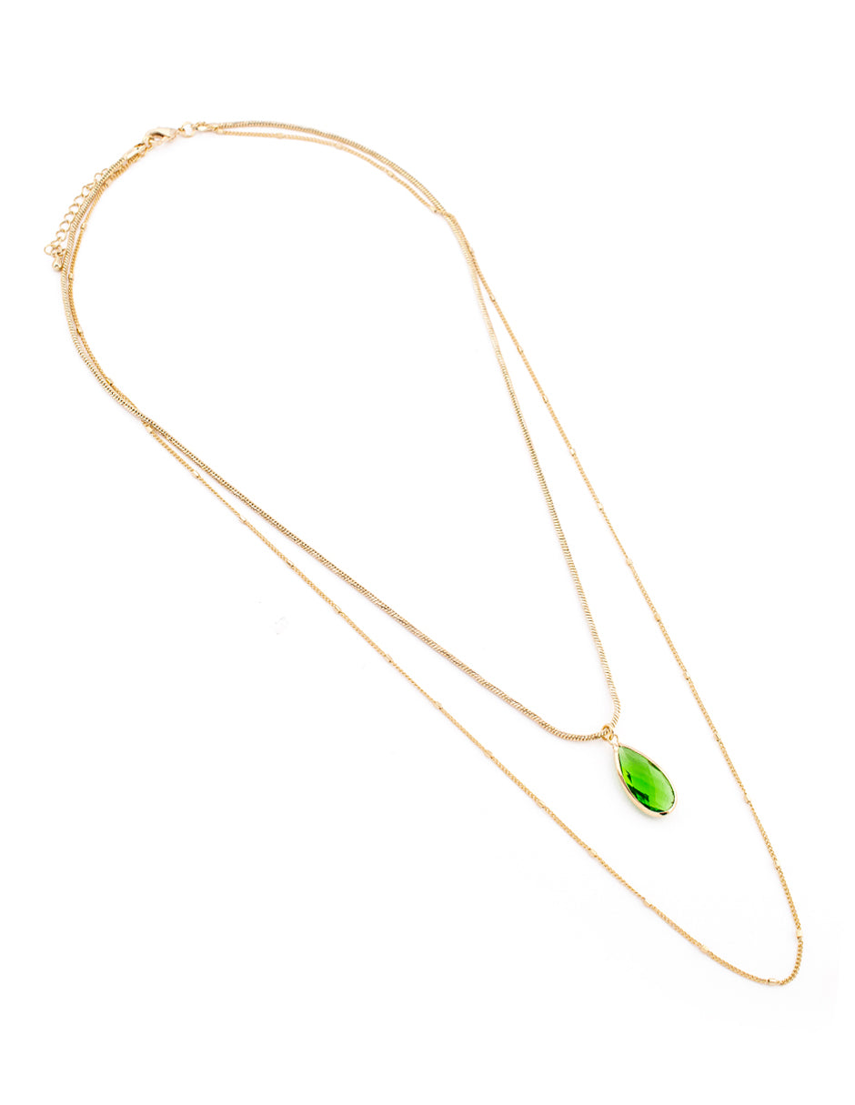 Collar Doble con Dije de Gota Ziconia Verde en Baño de Oro