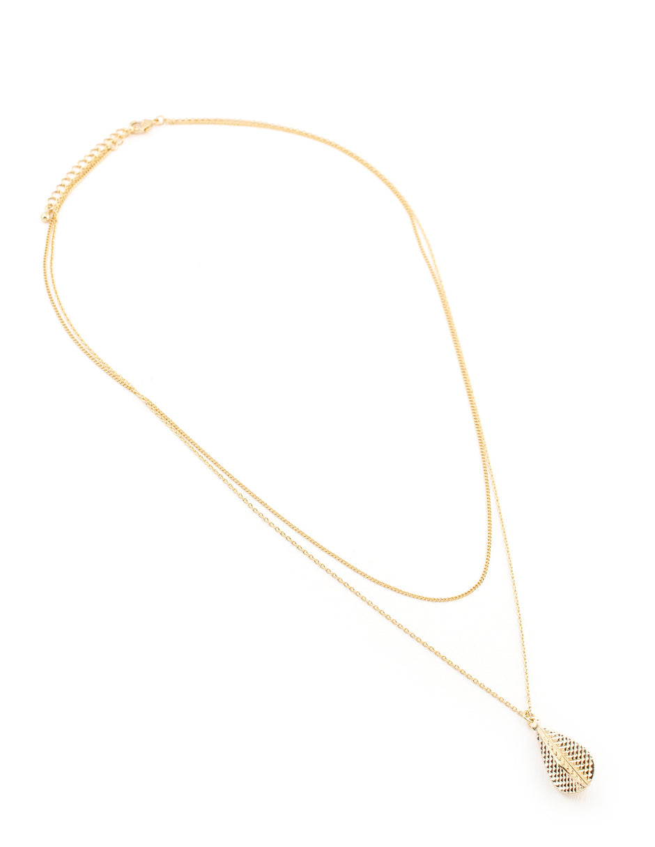 Collar Doble Largo Dije de Hoja en Baño de Oro