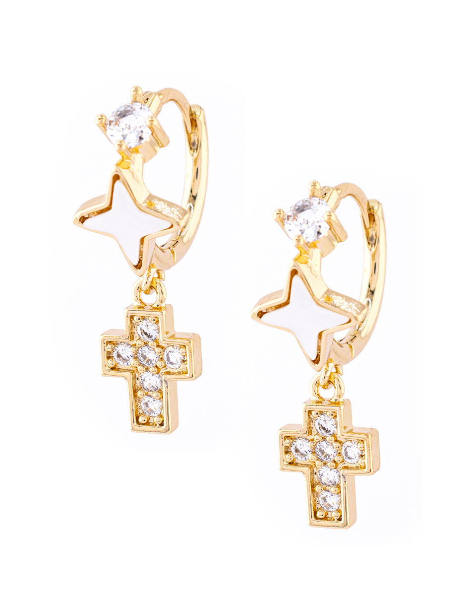 Arete Colgante de Cruz con Zirconia en Baño de Oro