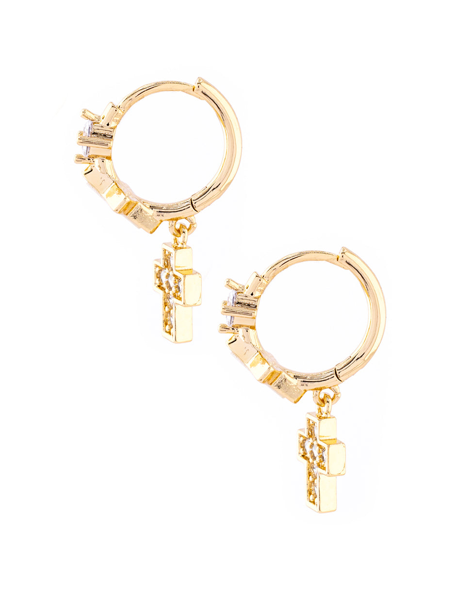 Arete Colgante de Cruz con Zirconia en Baño de Oro