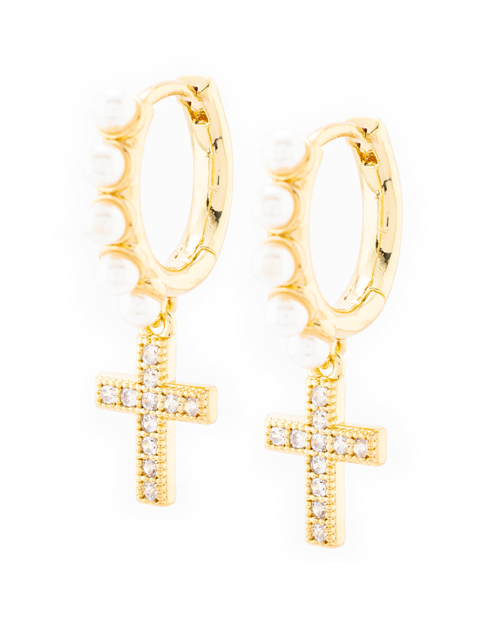 Arete de Cruz con Perlas en Baño de Oro