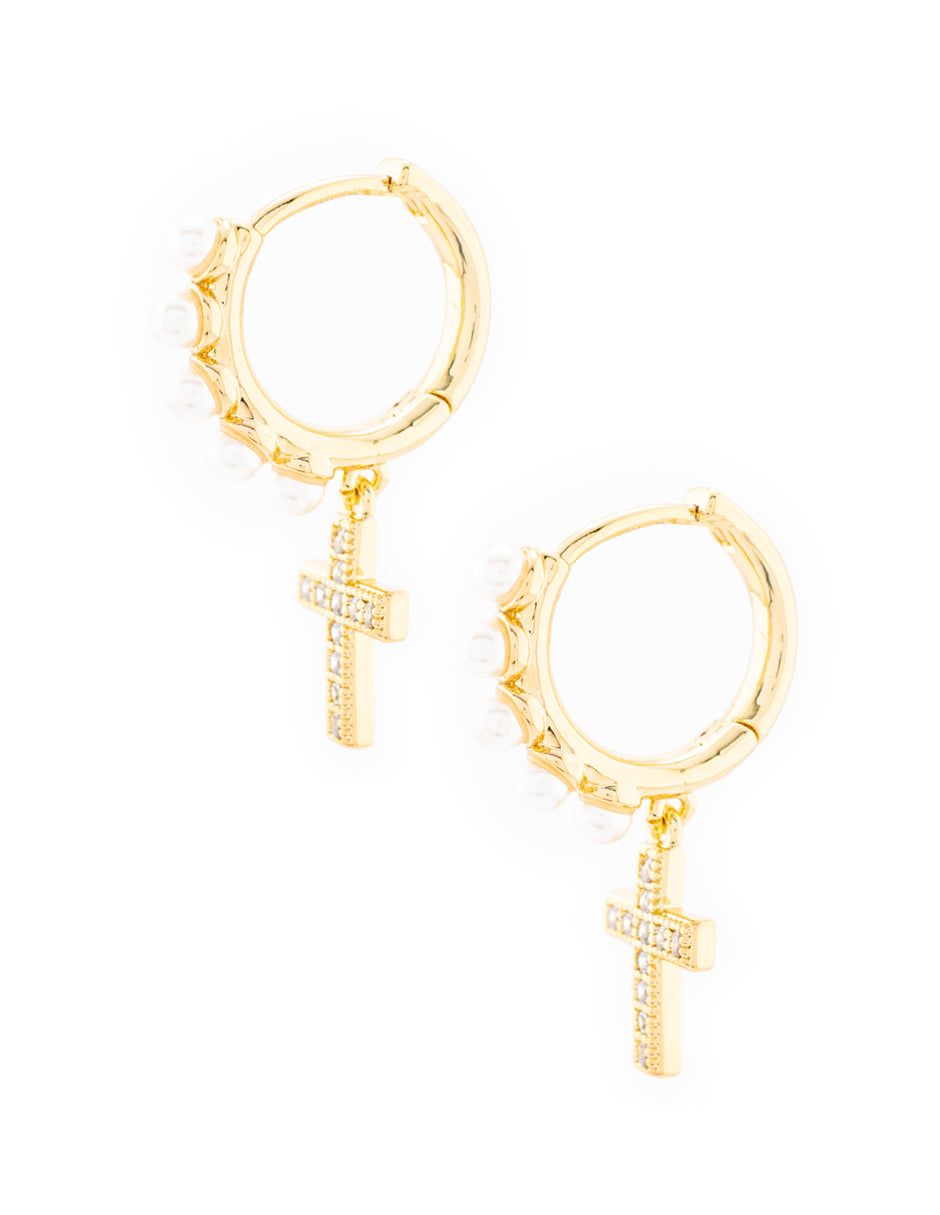 Arete de Cruz con Perlas en Baño de Oro