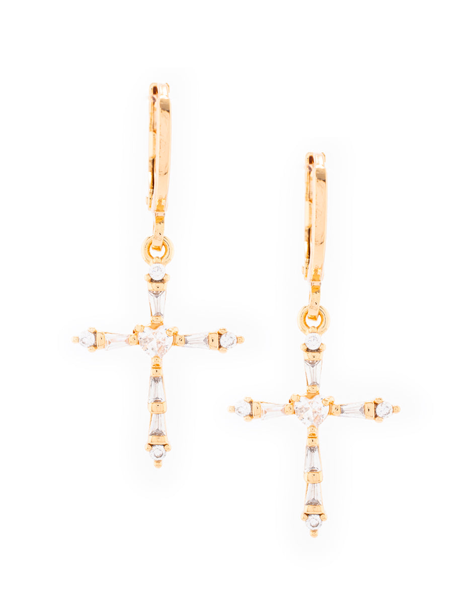 Arete Colgante de Cruz con Zirconia en Baño de Oro