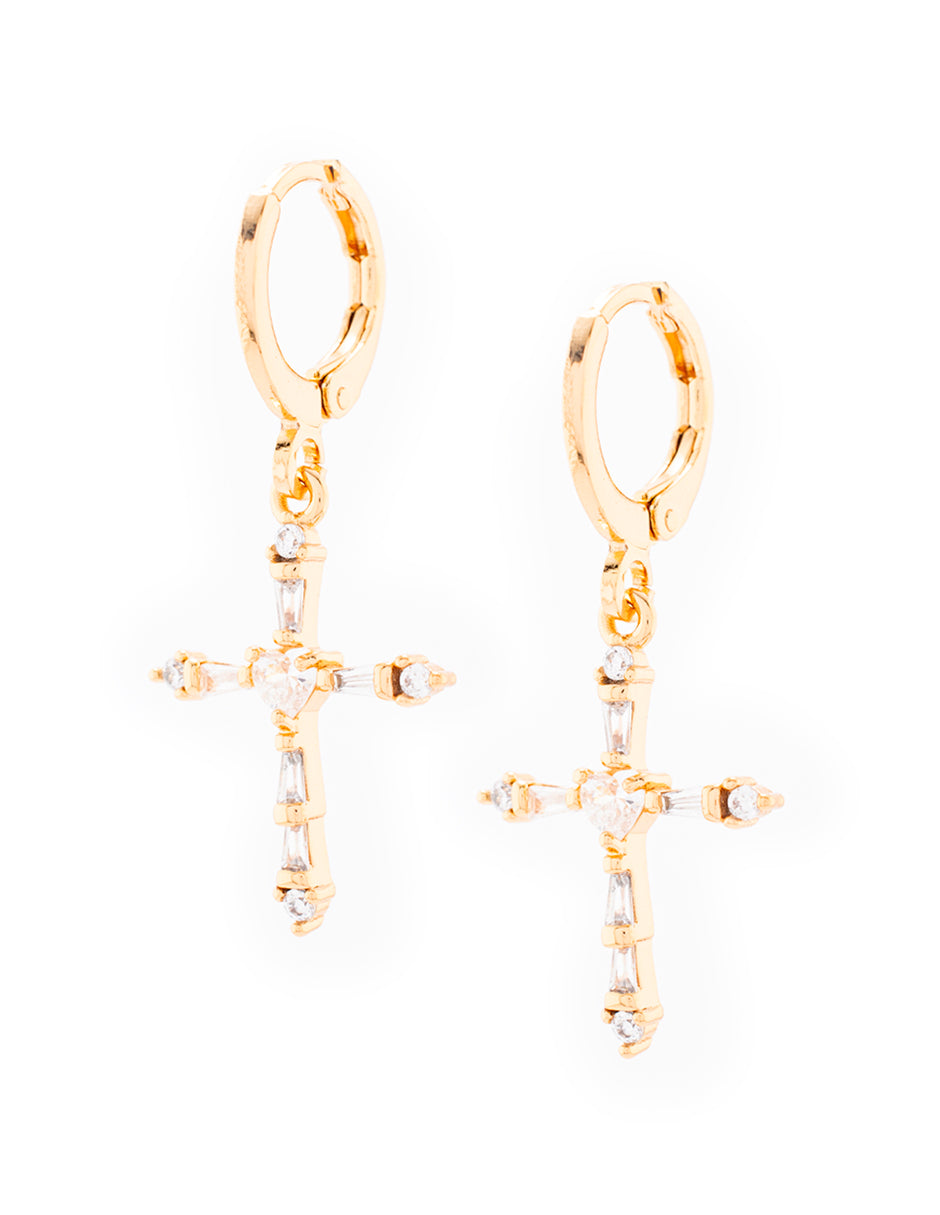 Arete Colgante de Cruz con Zirconia en Baño de Oro