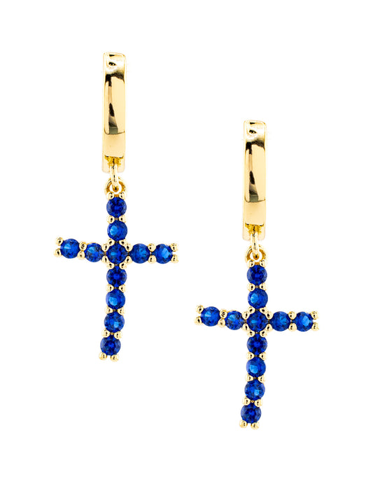Huggie con Colgante de Cruz Zirconias Azules Baño de Oro