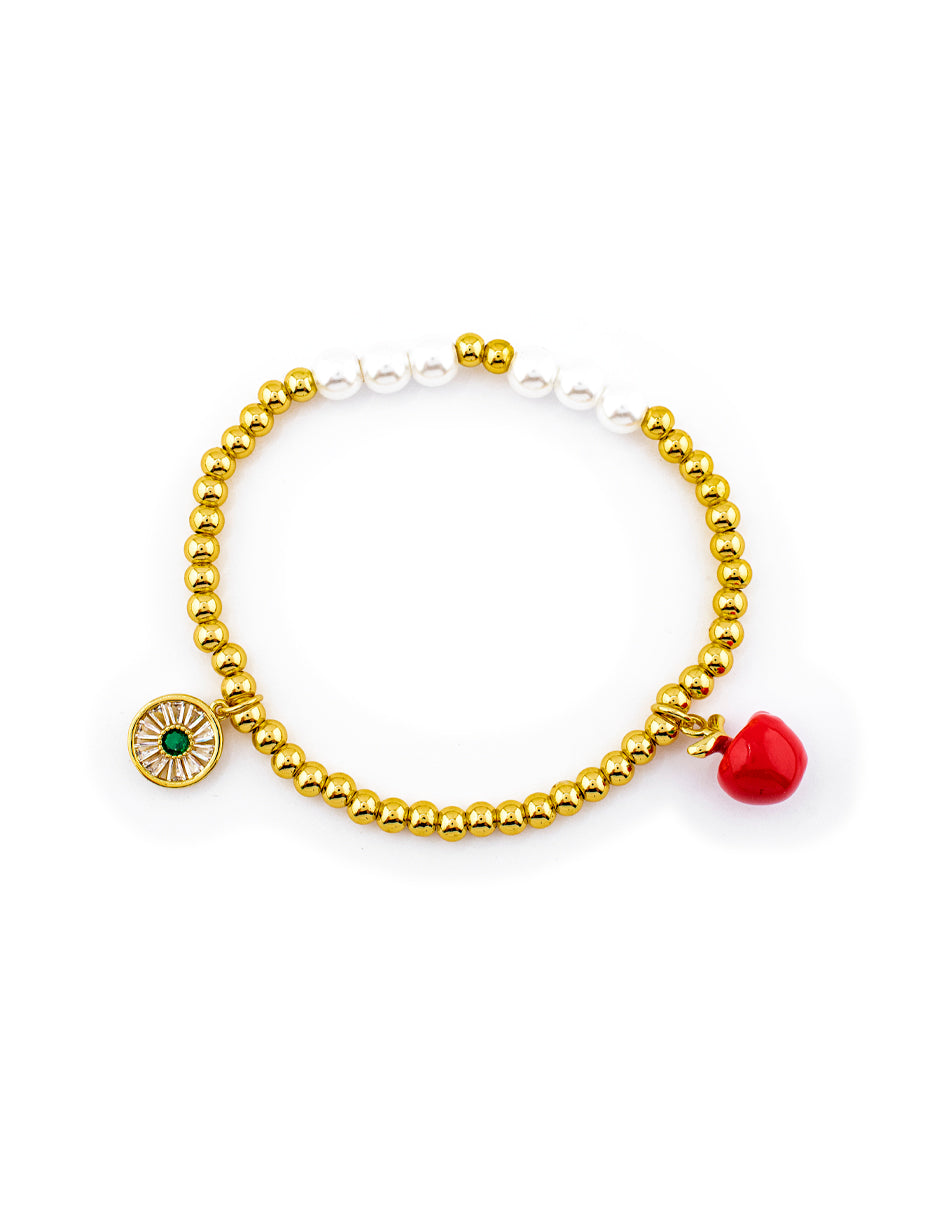 Pulsera Dije de Manzana con Perlas y Zirconias en Baño de Oro