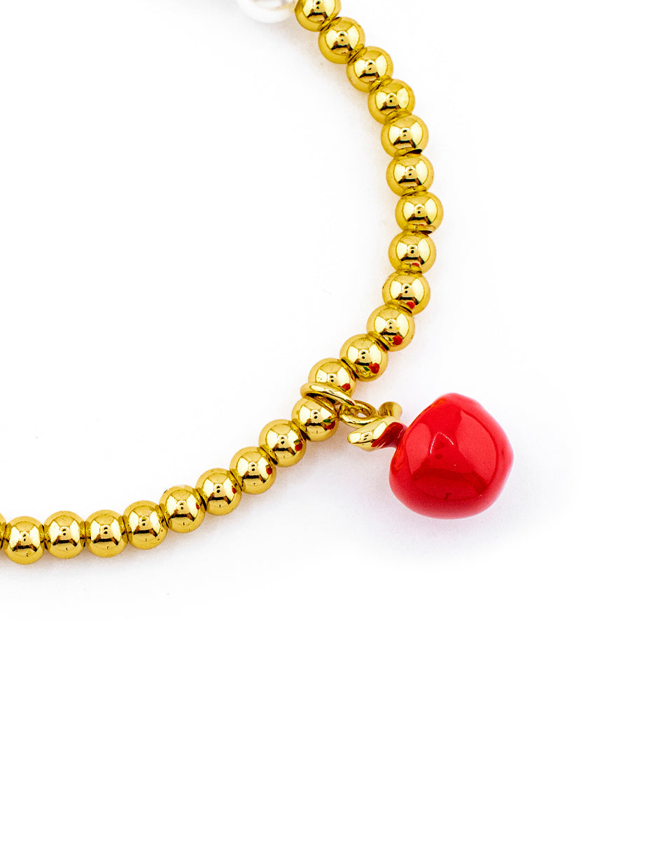 Pulsera Dije de Manzana con Perlas y Zirconias en Baño de Oro