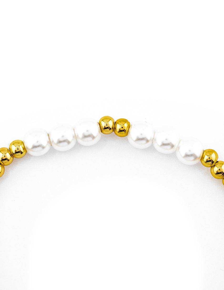 Pulsera Dije de Manzana con Perlas y Zirconias en Baño de Oro