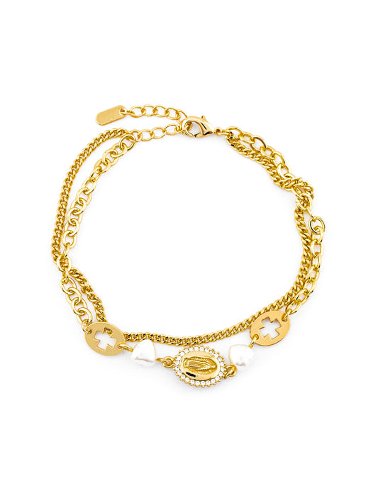 Pulsera de Cadena Doble Virgen de Guadalupe en Baño de Oro con Corazones de Perla
