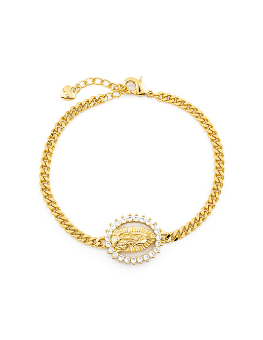 Pulsera Eslabón Barbado de Virgen de Guadalupe con Zirconias en Baño de Oro