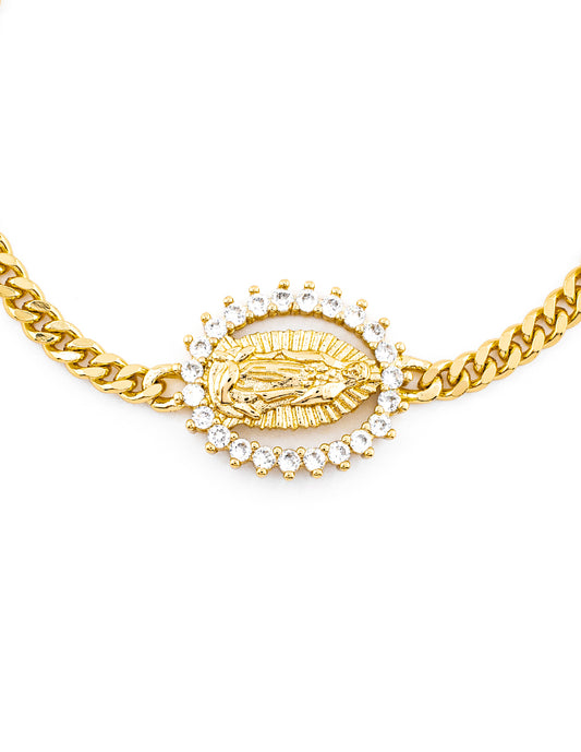 Pulsera Eslabón Barbado de Virgen de Guadalupe con Zirconias en Baño de Oro