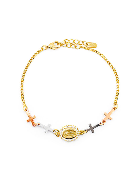 Pulsera Virgen Con Zirconias y Cruces Florentinas Baño de Oro