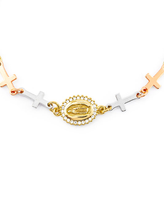 Pulsera Virgen Con Zirconias y Cruces Florentinas Baño de Oro