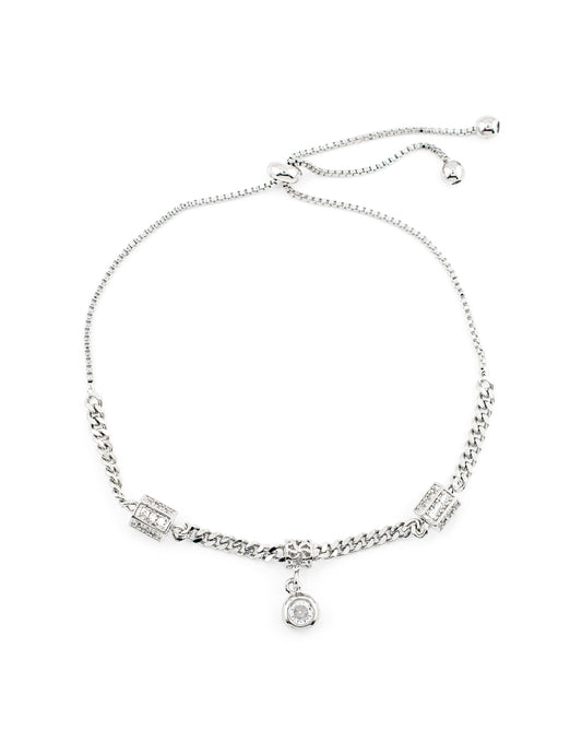 Pulsera Ajustable con Eslabones y Dije de Zirconia Baño de Rodio