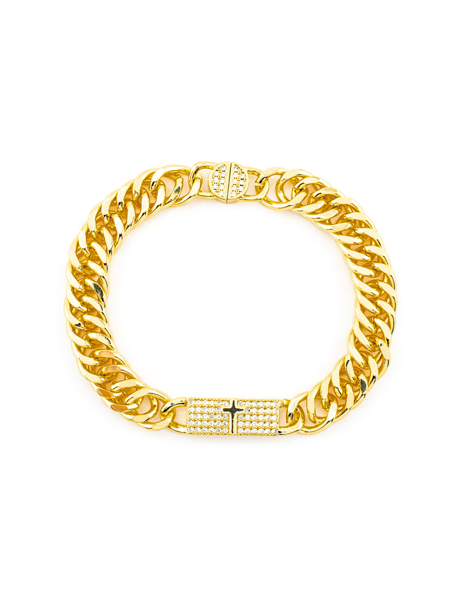 Pulsera Cubana Cruz con Zirconia en Baño de Oro