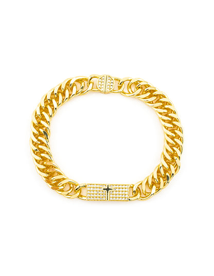Pulsera Cubana Cruz con Zirconia en Baño de Oro