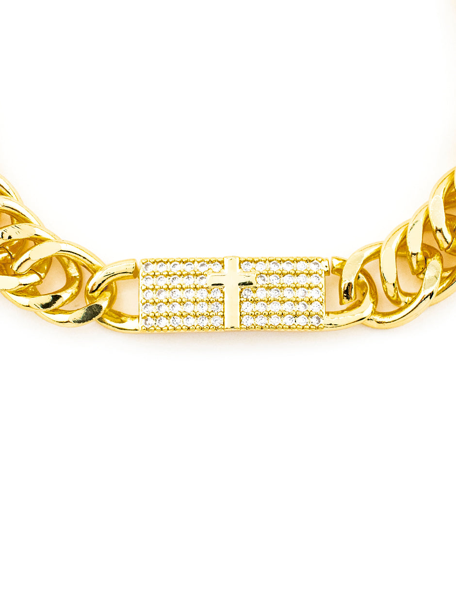 Pulsera Cubana Cruz con Zirconia en Baño de Oro
