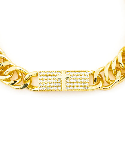 Pulsera Cubana Cruz con Zirconia en Baño de Oro
