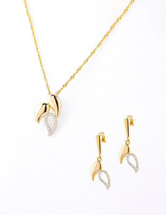 Set Hojas Bitono Zirconia en Baño de Oro