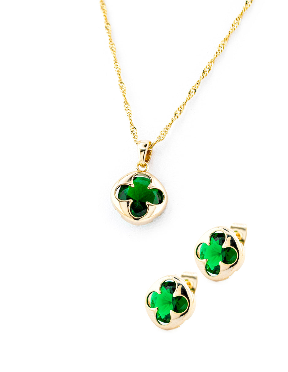 Set Trébol con Zirconias Verde en Baño de Oro