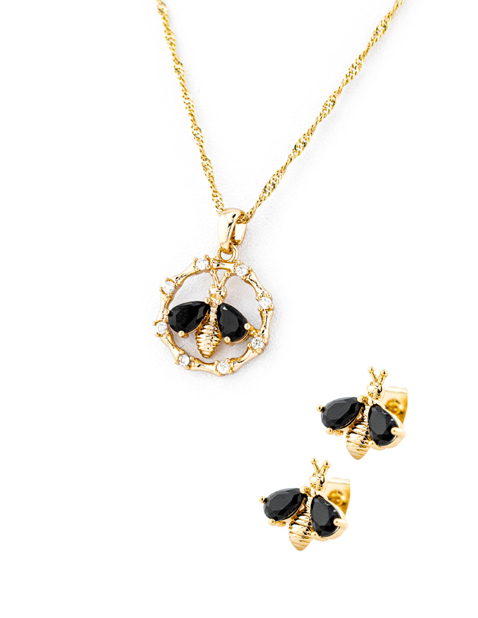 Set Abejorro con Zirconias Negras en Baño de Oro