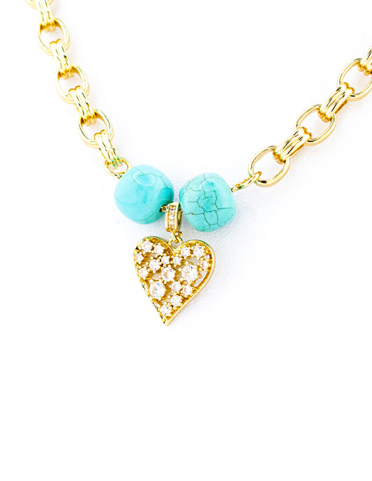Collar Corazon con Zirconias y Piedra Ojo de Tigre Baño de Oro