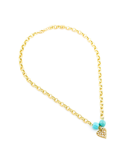 Collar Corazon con Zirconias y Piedra Ojo de Tigre Baño de Oro