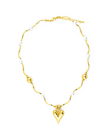 Collar de Corazon con Perlas en Baño de Oro