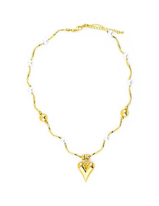 Collar de Corazon con Perlas en Baño de Oro