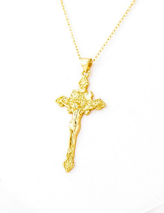 Cadena Dije Crucifijo Grabado Baño de Oro