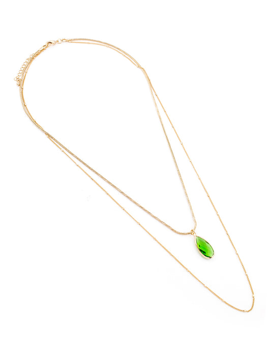 Collar Doble con Dije de Gota Ziconia Verde en Baño de Oro