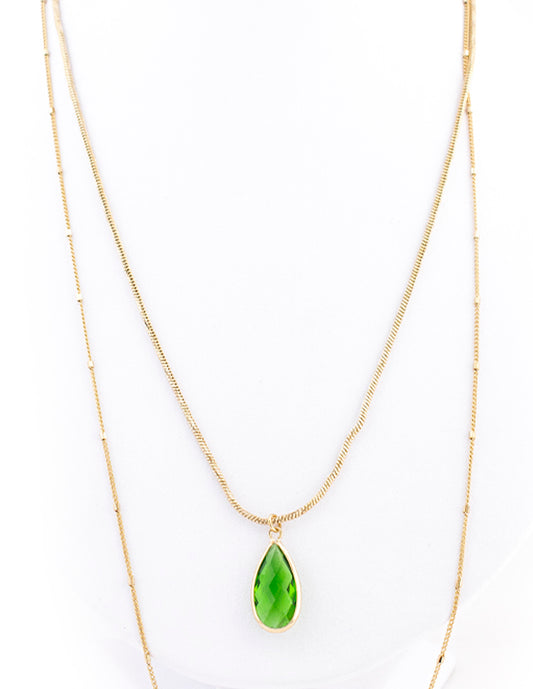Collar Doble con Dije de Gota Ziconia Verde en Baño de Oro