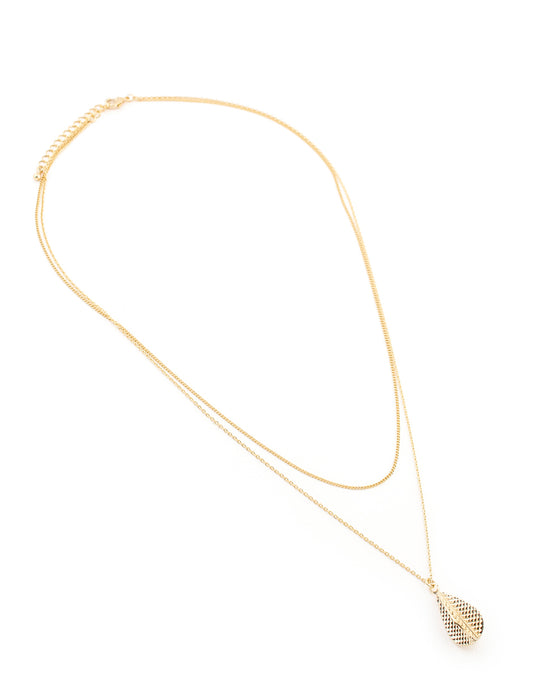 Collar Doble Largo Dije de Hoja en Baño de Oro