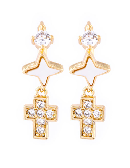 Arete Colgante de Cruz con Zirconia en Baño de Oro