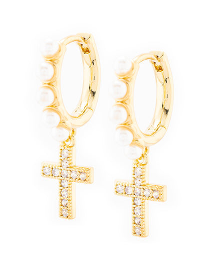 Arete de Cruz con Perlas en Baño de Oro