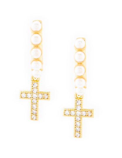 Arete de Cruz con Perlas en Baño de Oro