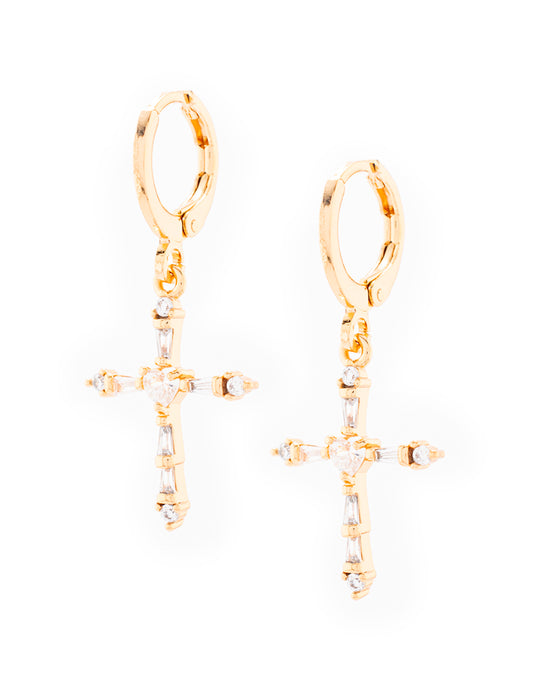Arete Colgante de Cruz con Zirconia en Baño de Oro